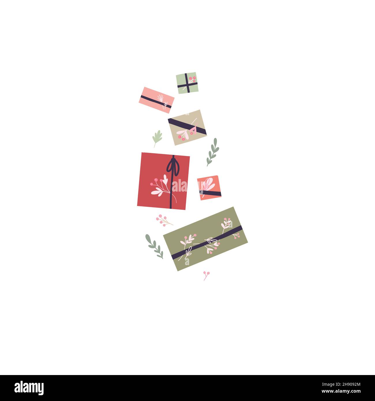 Vector holiday illustration of hygge falling gifts with ribbons and ...