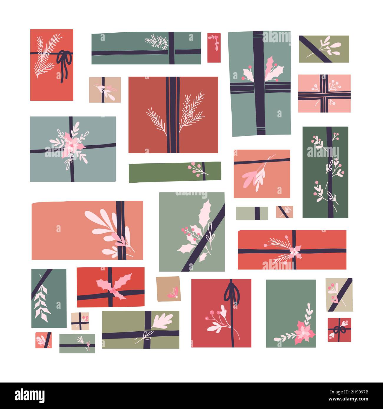 Vector holiday set of hygge gifts with ribbons and branches decorations ...