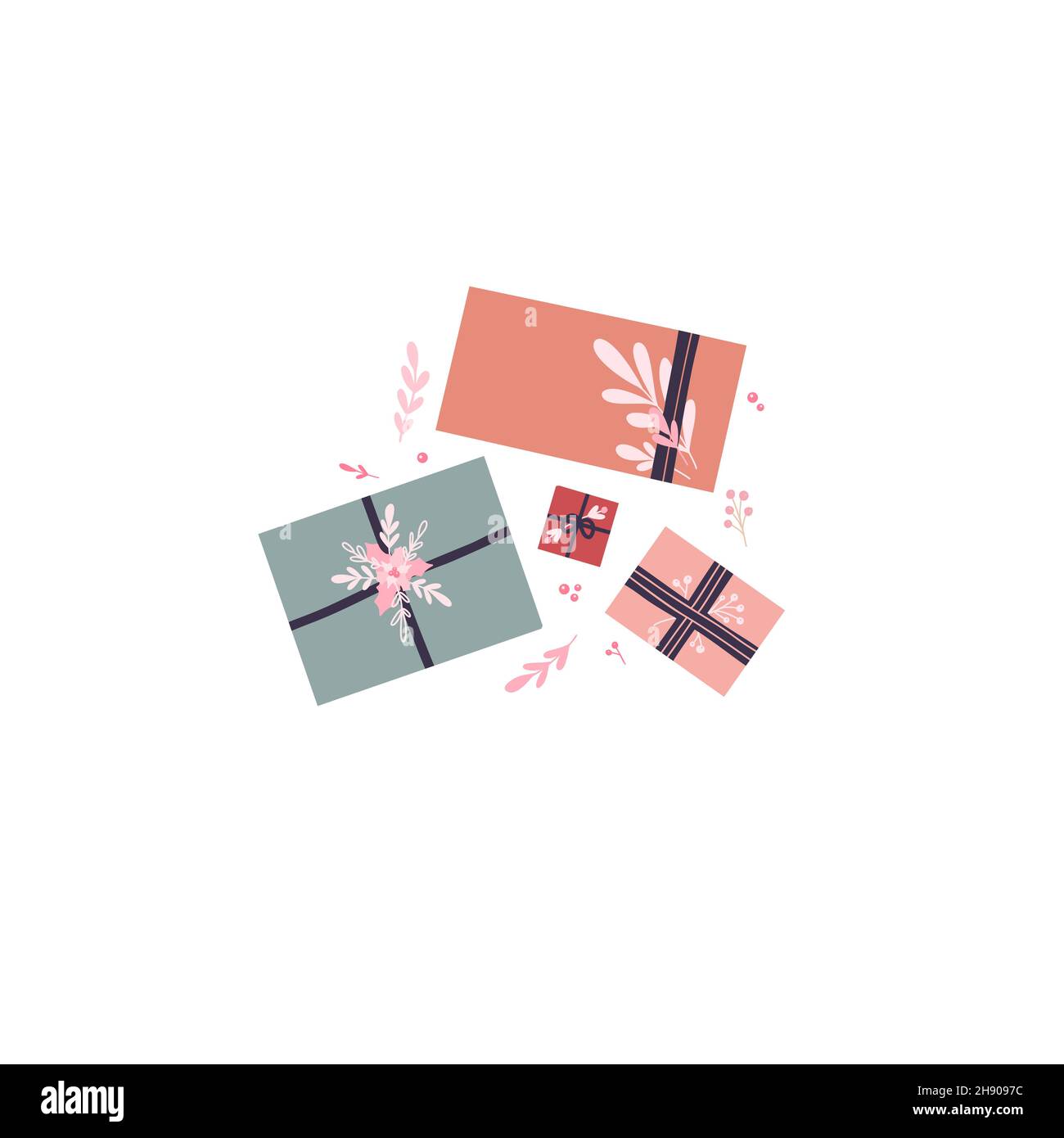 Vector holiday illustration of hygge gifts with ribbons and branches ...