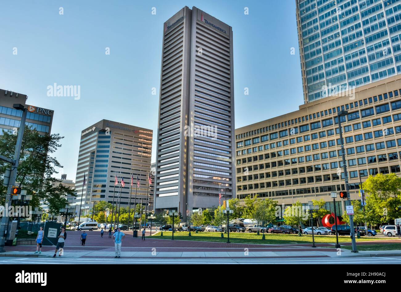 Baltimore, Maryland, United States of America – September 6, 2016. View of E Pratt street in Baltimore, MD, toward Legg Mason Building (Transamerica T Stock Photo