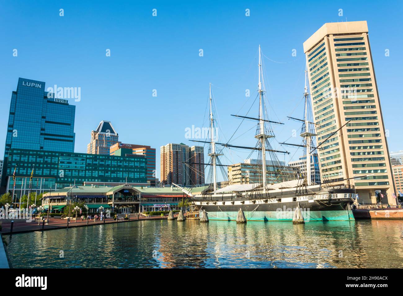 Baltimore, Maryland, United States of America – September 6, 2016. The Inner Harbour of Baltimore, MD, with USS Constellation historic ship, Harborpla Stock Photo