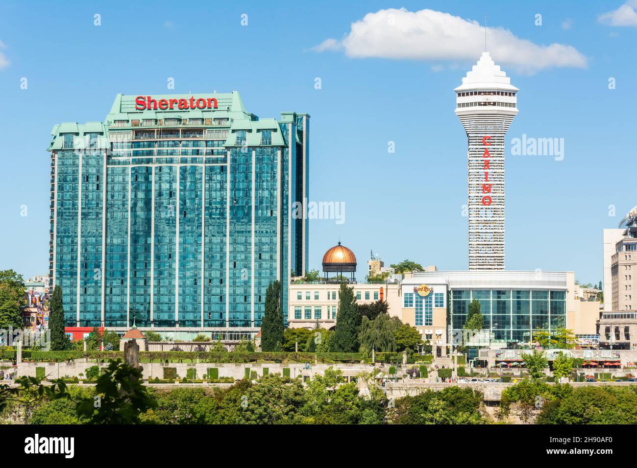 Niagara Falls, Ontario, Canada – September 12, 2016. Sheraton Hotel and Casino Tower buildings in Niagara Falls, ONT. View with surrounding buildings Stock Photo