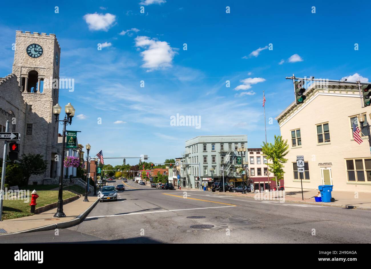 Geneva, New York, United States of America – September 13, 2016. Main Street in Geneva, NY. View with the First United Methodist Church, commercial an Stock Photo