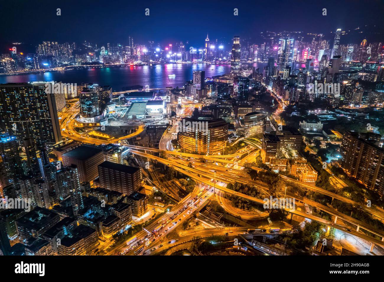 cyberpunk color of the expressway and bridge in downtown Kowloon, Hong