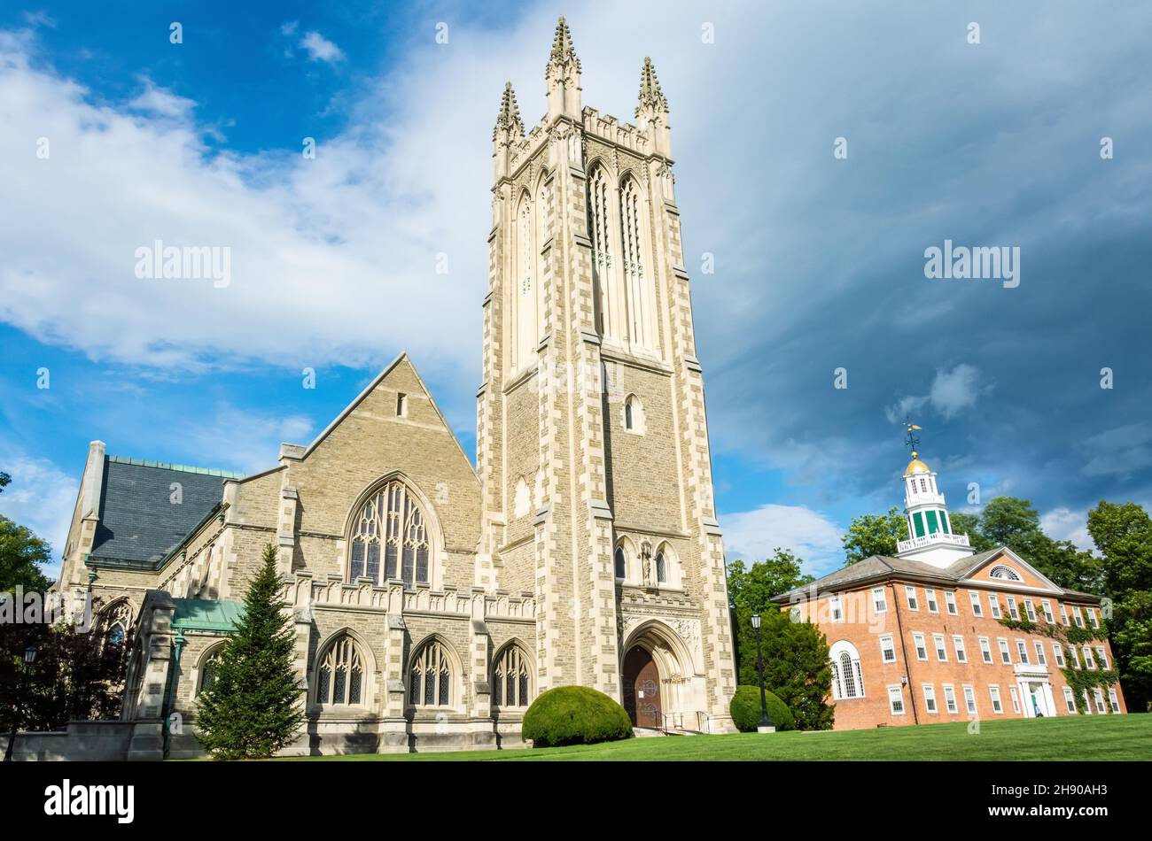 Williamstown, Massachusetts, USA - September 14, 2016. Thompson Memorial Chapel and Griffin Hall of the Williams College in Williamstown, MA. Stock Photo