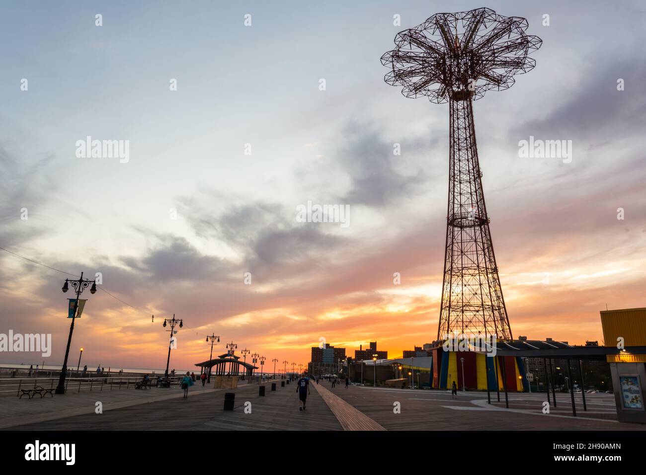 New York City, New York, United States of America – September 21, 2016.  View of the Riegelmann Boardwalk along the Coney Island shore, toward the Par Stock Photo