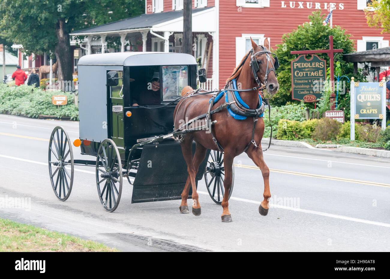 Lancaster, Pennsylvania, United States of America – September 30, 2016. Traditional Amish buggy riding in Lancaster, PA.View with surrounding building Stock Photo