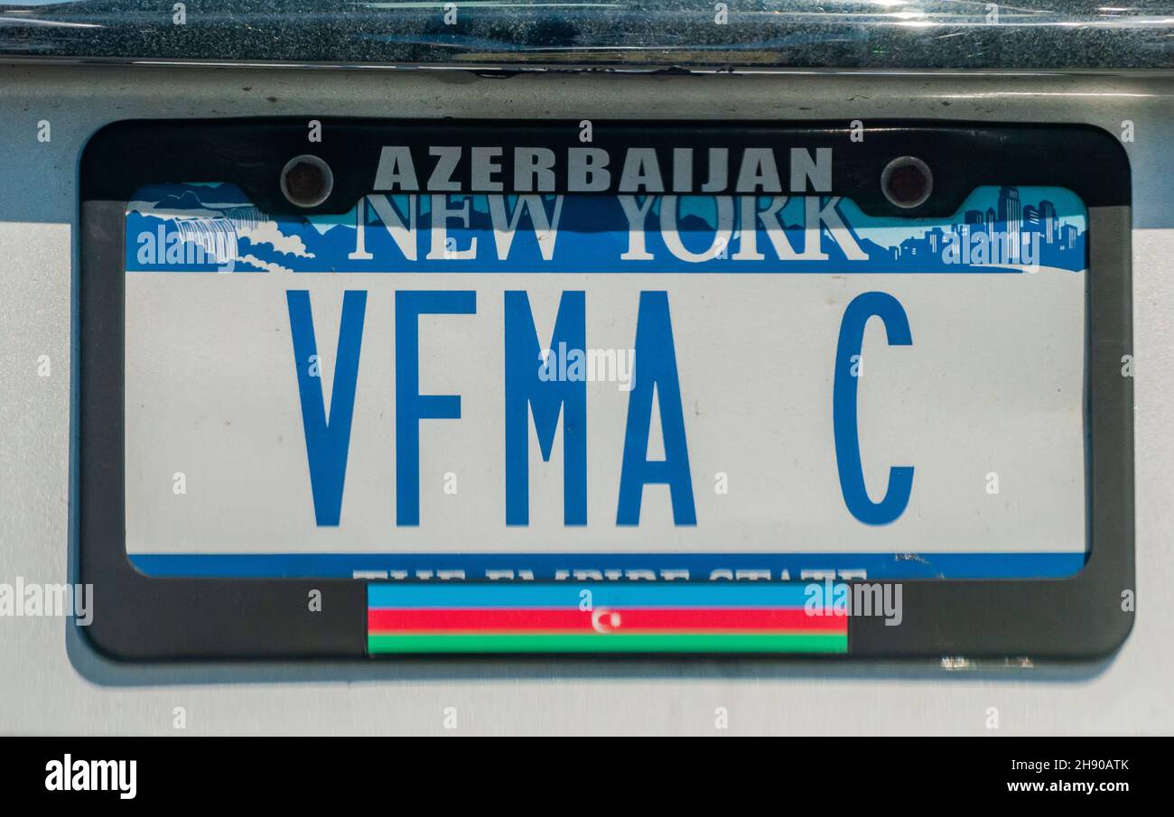 New York City, New York, United States of America – September 22, 2016. A New York license plate with the word ‘Azerbaijan’ and a flag of the Republic Stock Photo
