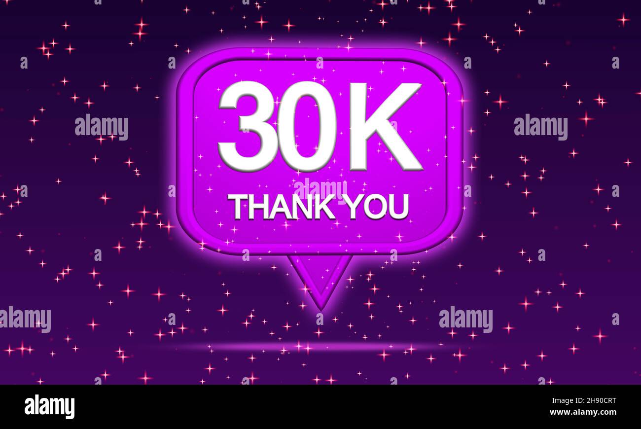 Celebration. of 30k Social Media 3D Design. Pink Like Bubble Sign with Star Particles. Celebrate 30 Thousand Followers and fans Concept. Stock Photo