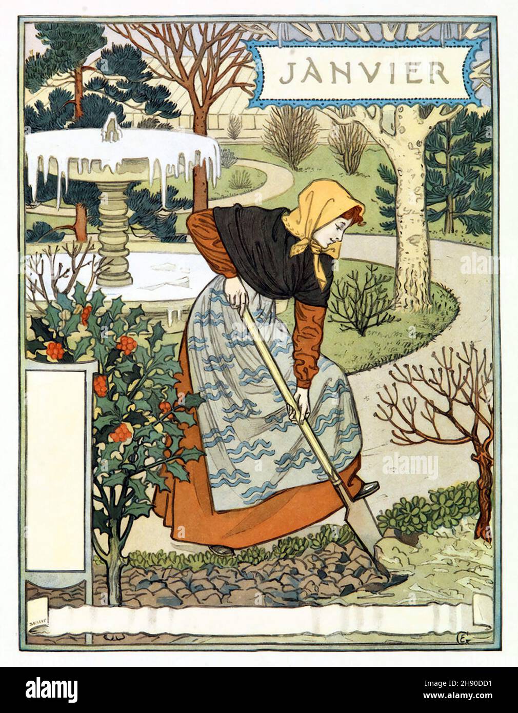 Janvier, January girl, Eugène Grasset calendar, Art Nouveau illustration. 1896. Stock Photo