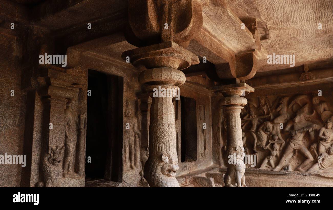 Mahishasuramartini Cave Temple. The pillar carved in the rock is located in the background of the cave temple Stock Photo