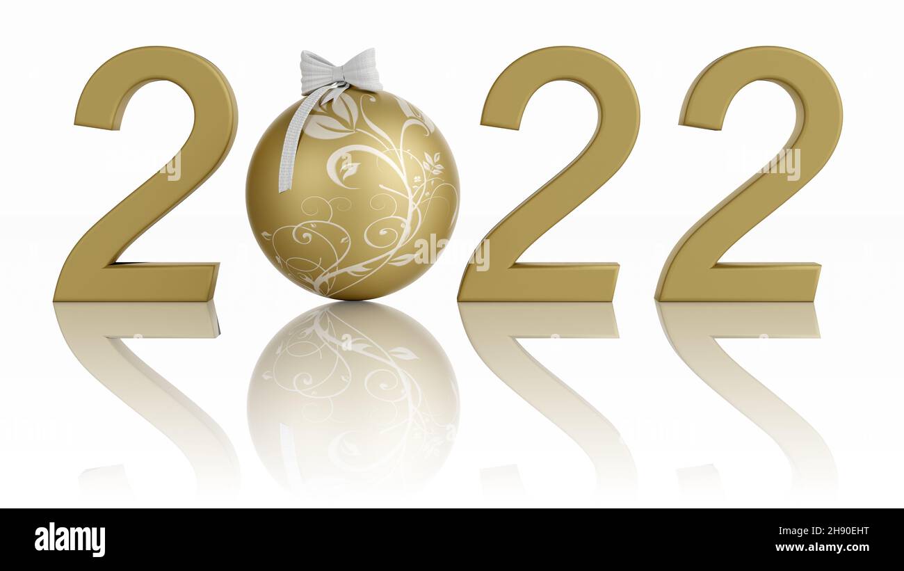 3D illustration. New Year 2022. New Year 2022 in numbers and with Christmas decoration. Stock Photo