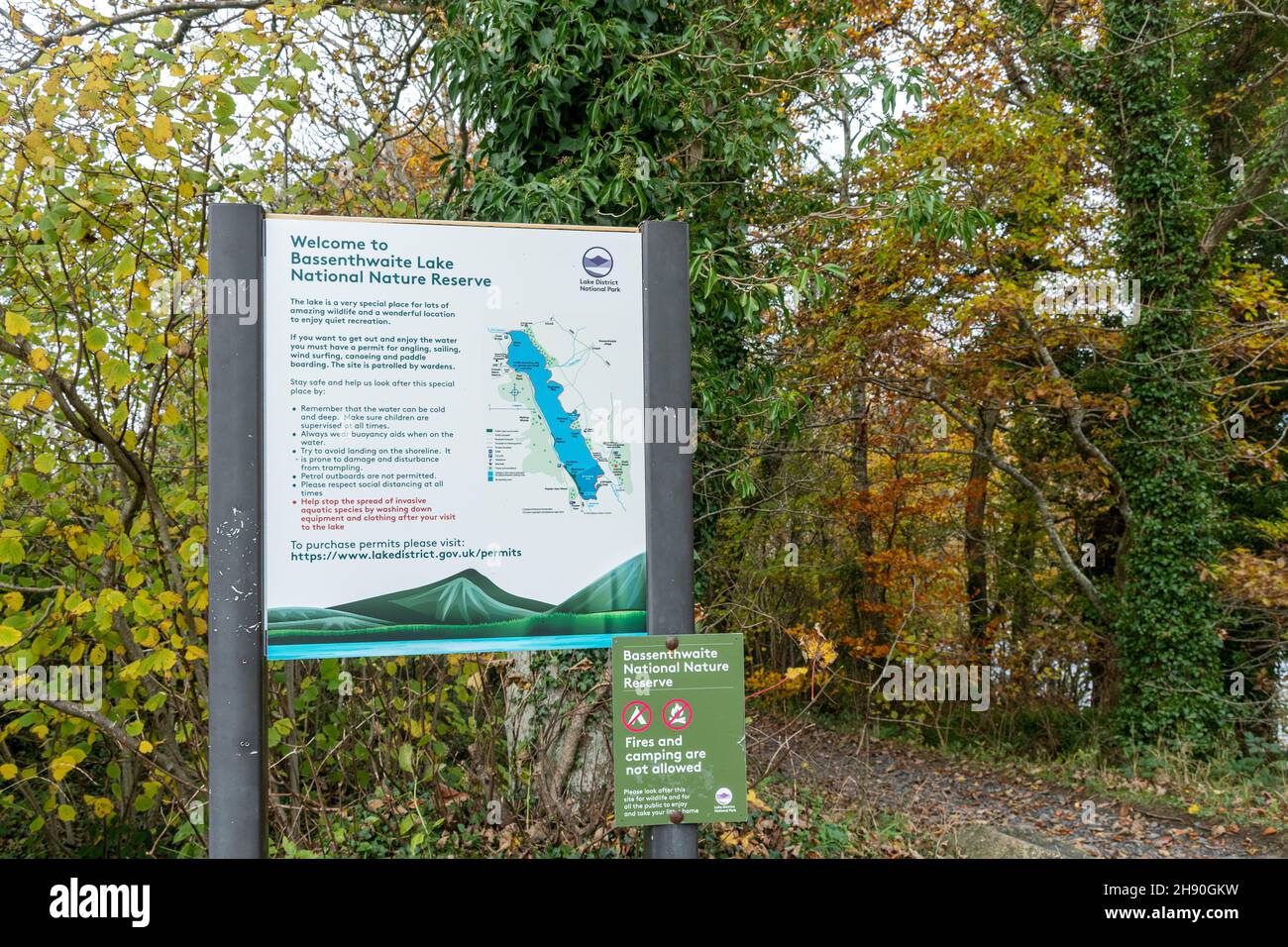 Information board at Bassenthwaite Lake National Nature Reserve in the Lake District National Park, Cumbria, England, UK Stock Photo