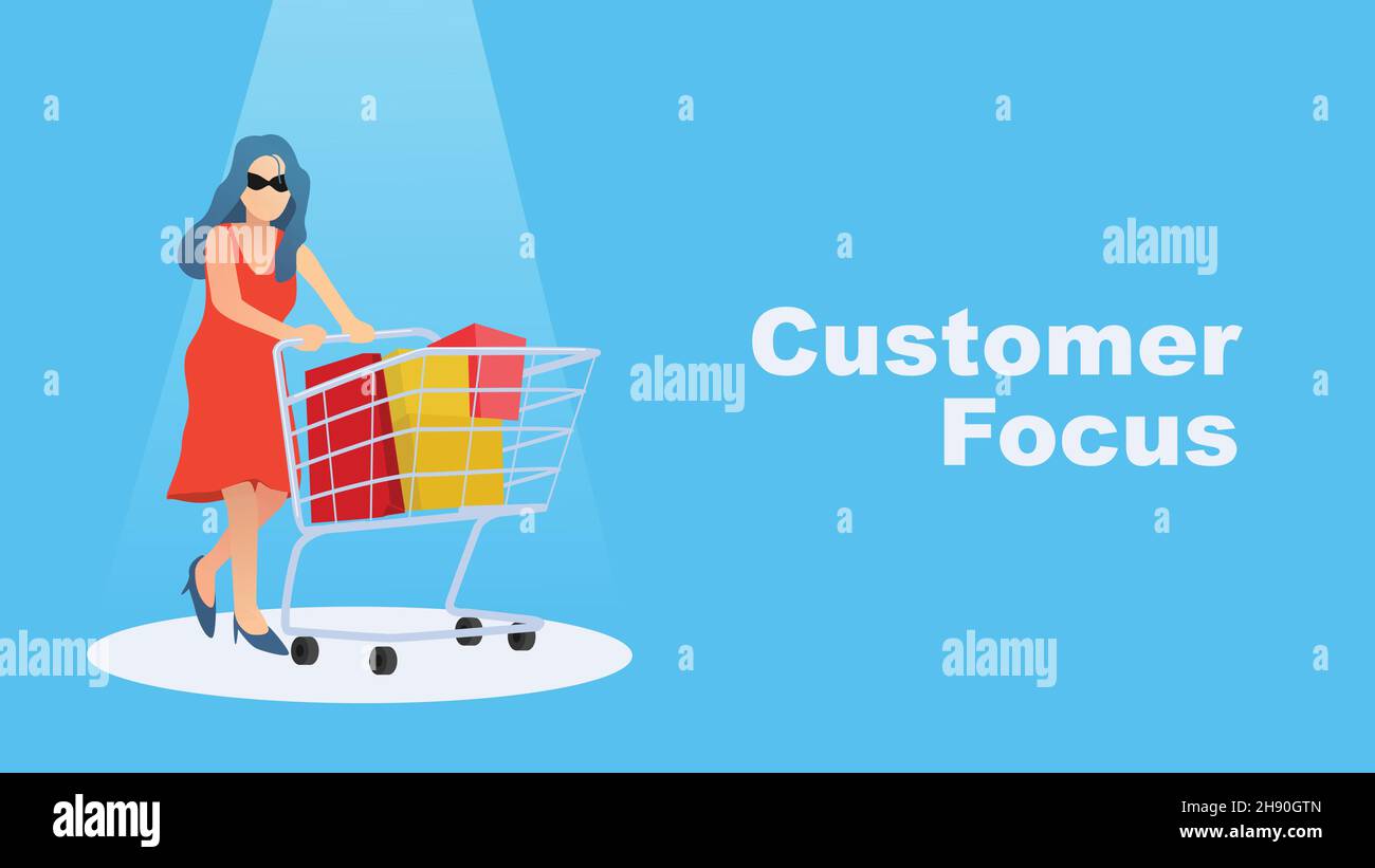 highligt woman pushing shopping cart for customer focus vector illustration Stock Vector