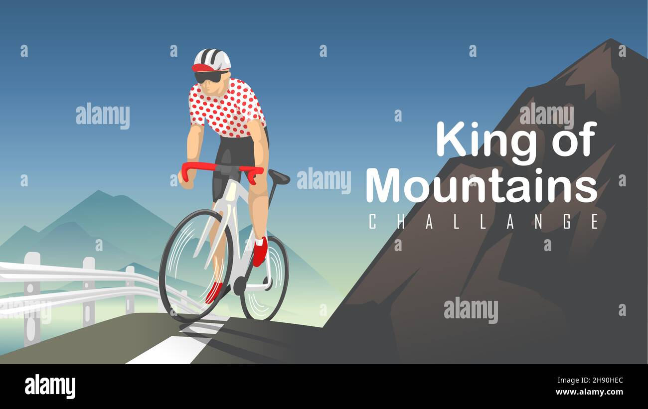 king of mountains challange. cyclist ride road bike up hill cycling with mountains background. flat style vector illustration Stock Vector