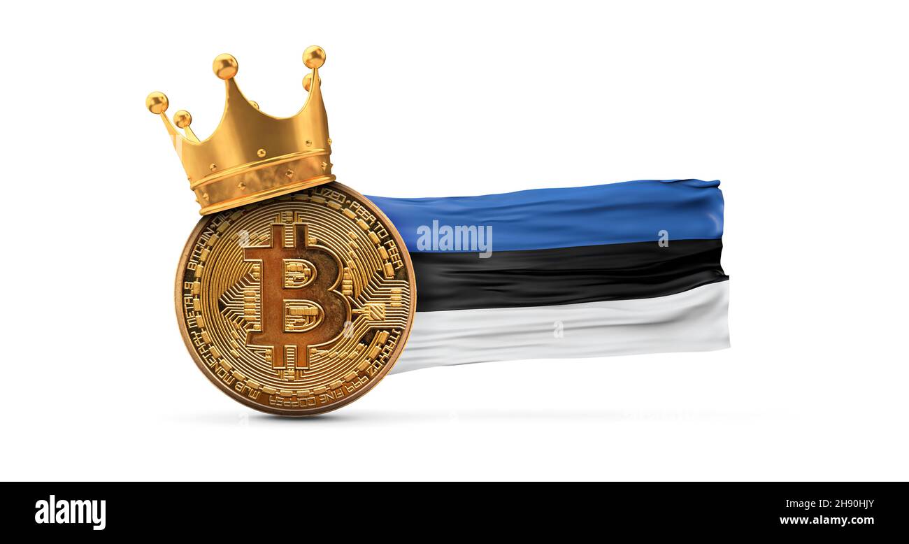 Bitcoin with gold crown and Estonia flag. Cryptocurrency king concept. 3D Rendering Stock Photo