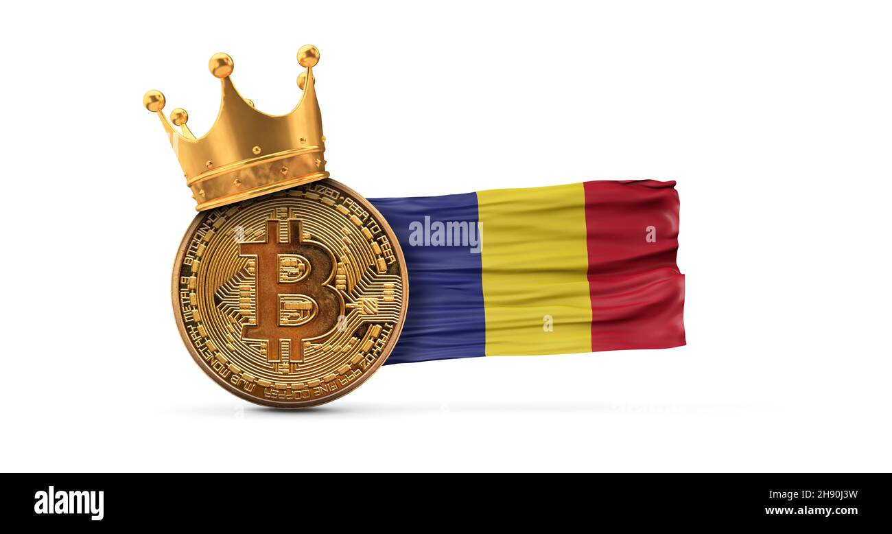 Bitcoin with gold crown and Romania flag. Cryptocurrency king concept. 3D Rendering Stock Photo