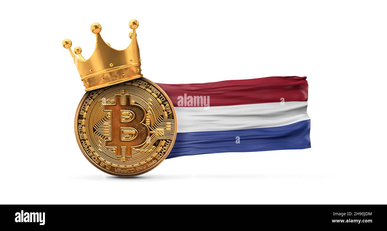 Bitcoin with gold crown and Netherlands flag. Cryptocurrency king concept.  3D Rendering Stock Photo - Alamy