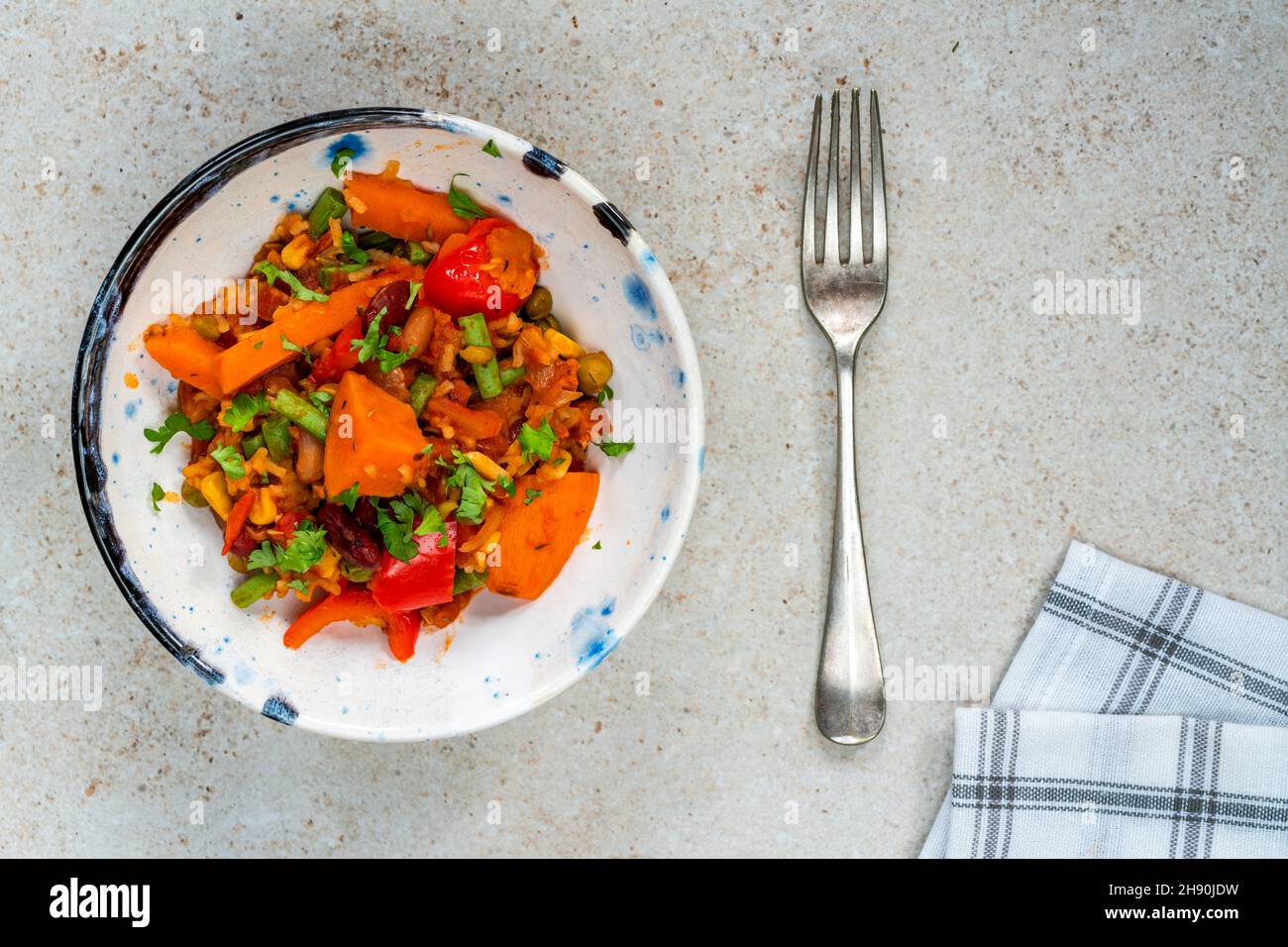Smoky vegan vegetable jambalaya overhead view Stock Photo Alamy