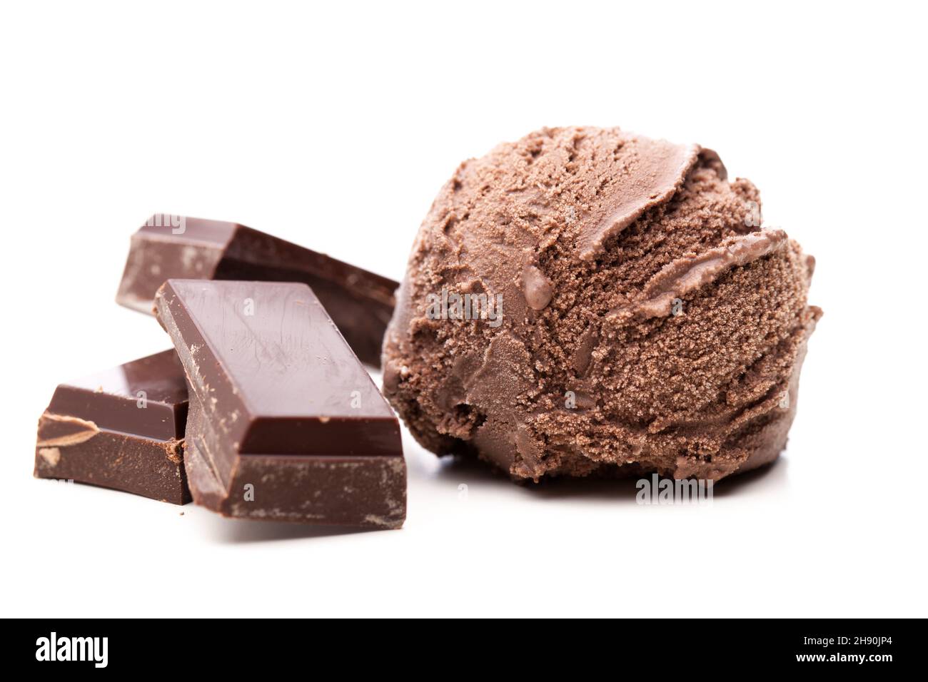 A scoop of chocolate ice cream with three pieces of chocolate isolated on white background Stock Photo