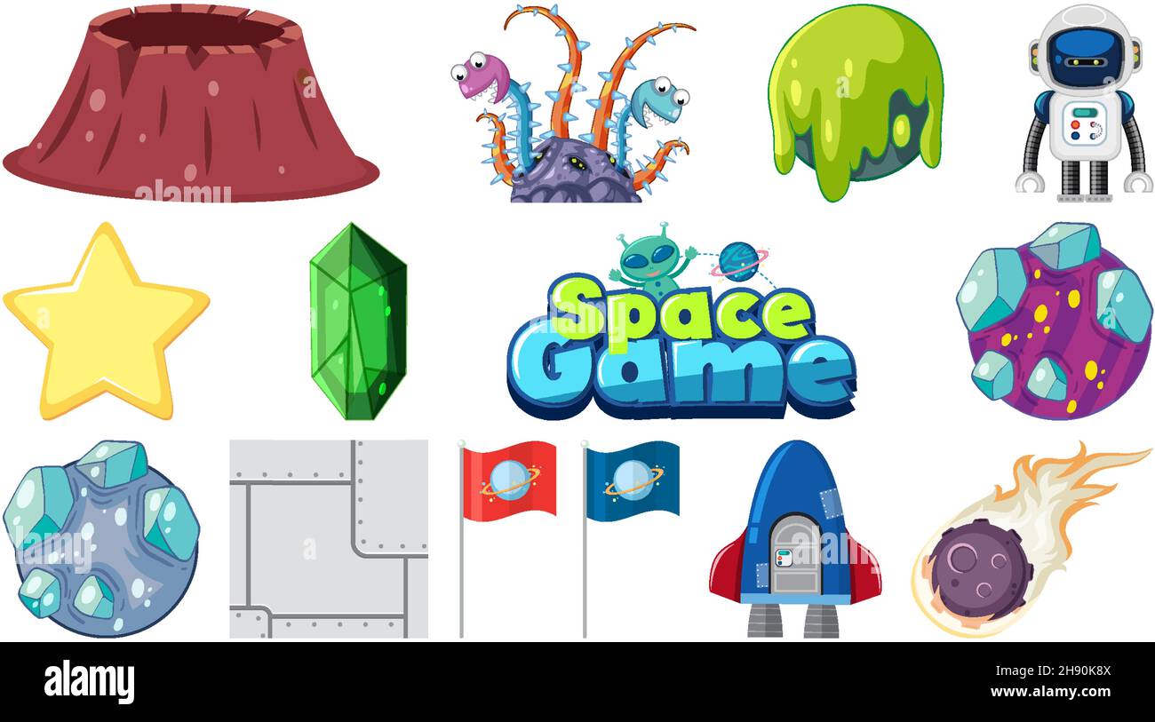 Set of isolated fantasy space game objects and elements illustration ...