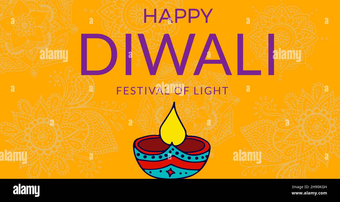 Digital composite image of happy diwali wishes for festival of light with diya on yellow background Stock Photo