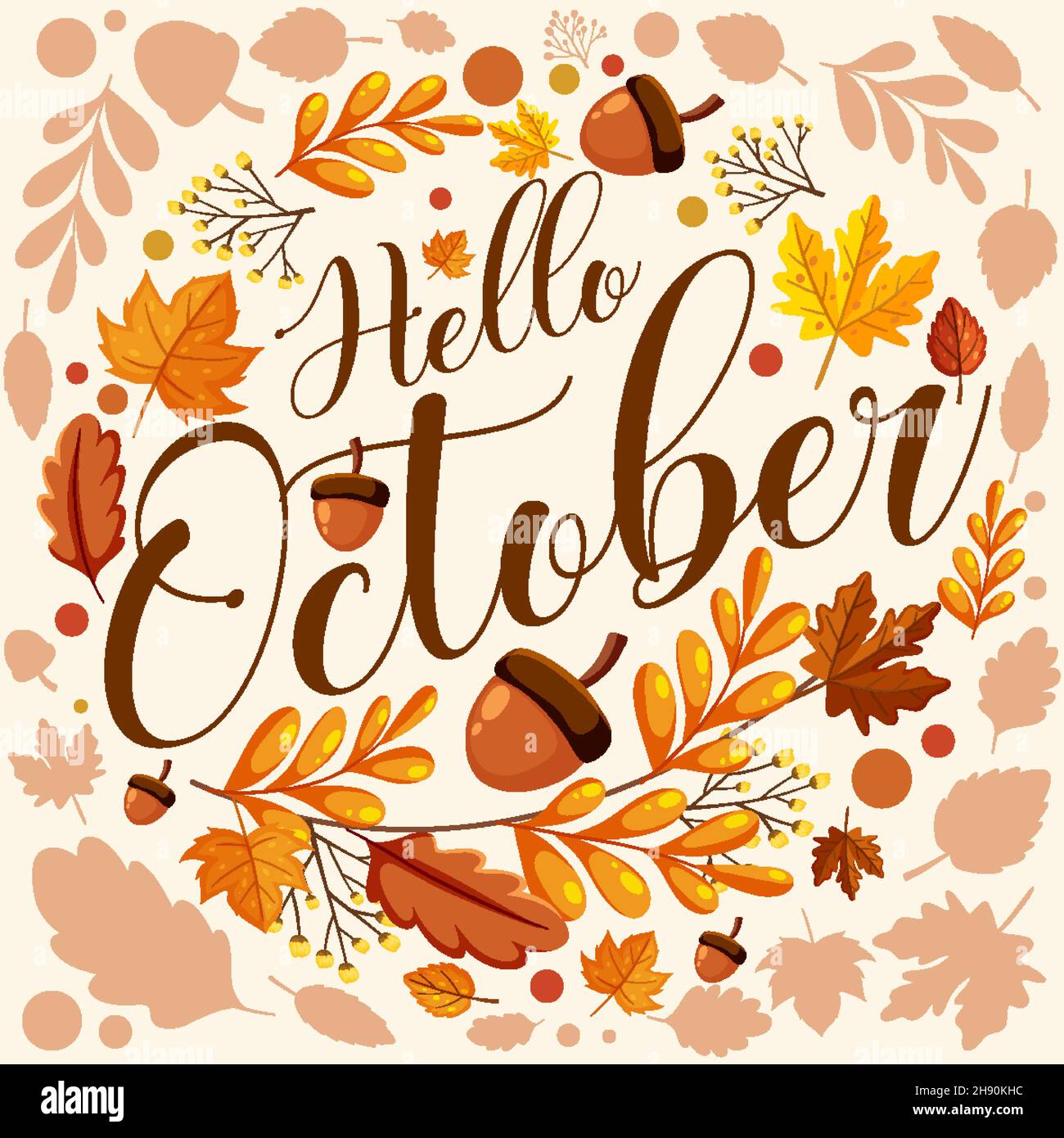 Hello October with ornate of autumn leaves illustration Stock Vector ...