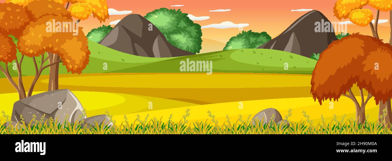 Nature panorama scene with many trees in the meadow illustration Stock ...