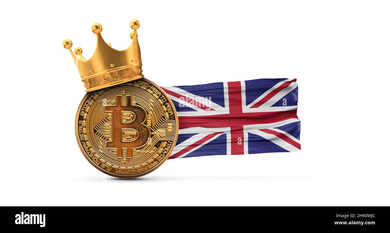 Bitcoin with gold crown and United Kingdom flag. Cryptocurrency king  concept. 3D Rendering Stock Photo - Alamy