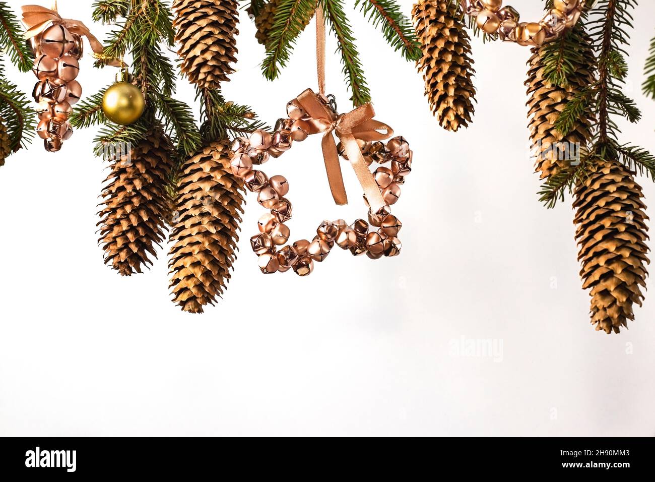Christmas Border frame of tree branches on white background with copy ...