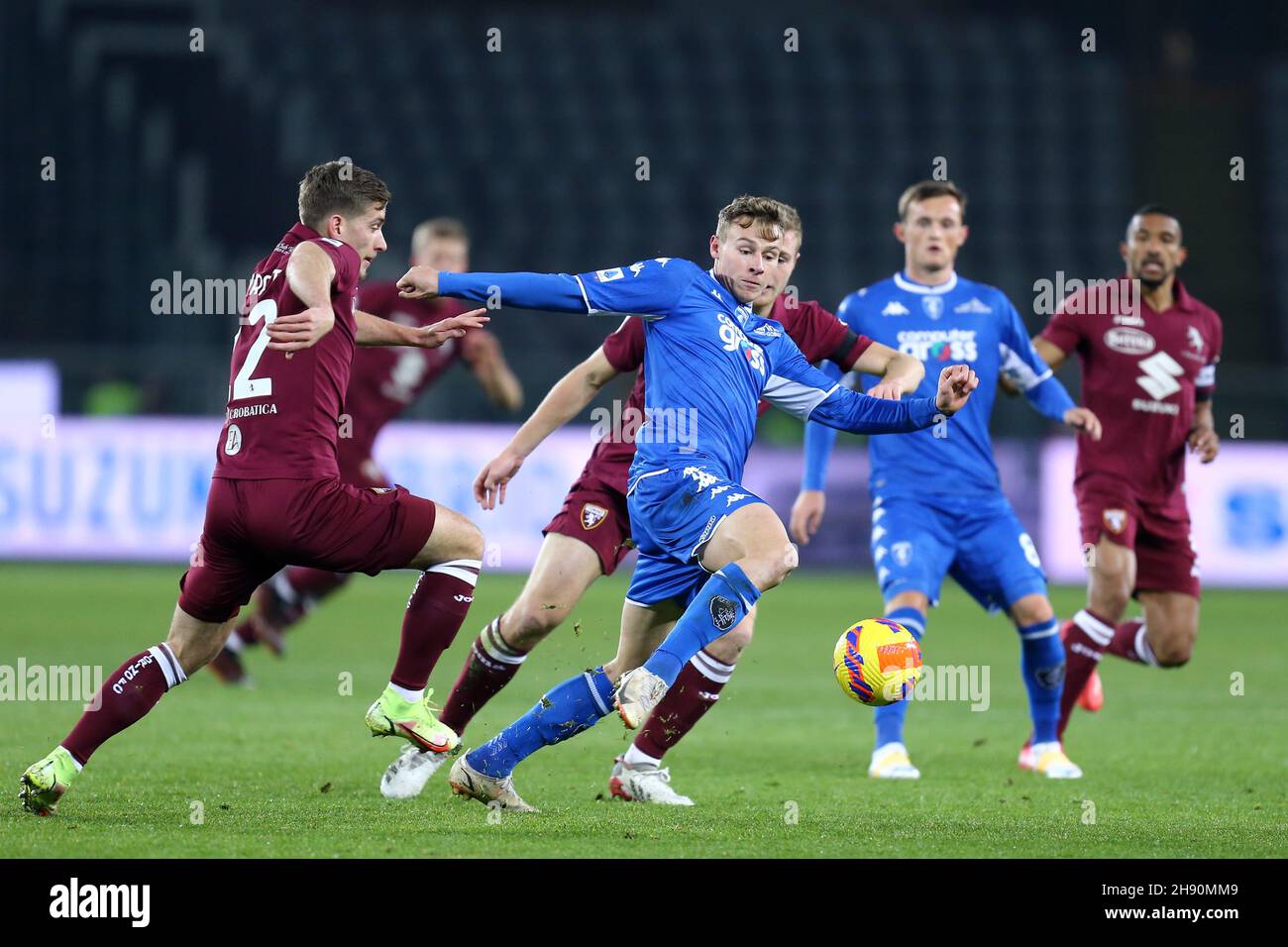 Szymon Zurkowski of Empoli Fc  controls the ball during the Serie A match between Torino Fc and Empoli Fc at Stadio Olimpico on December 2, 2021 in Turin, Italy. Stock Photo