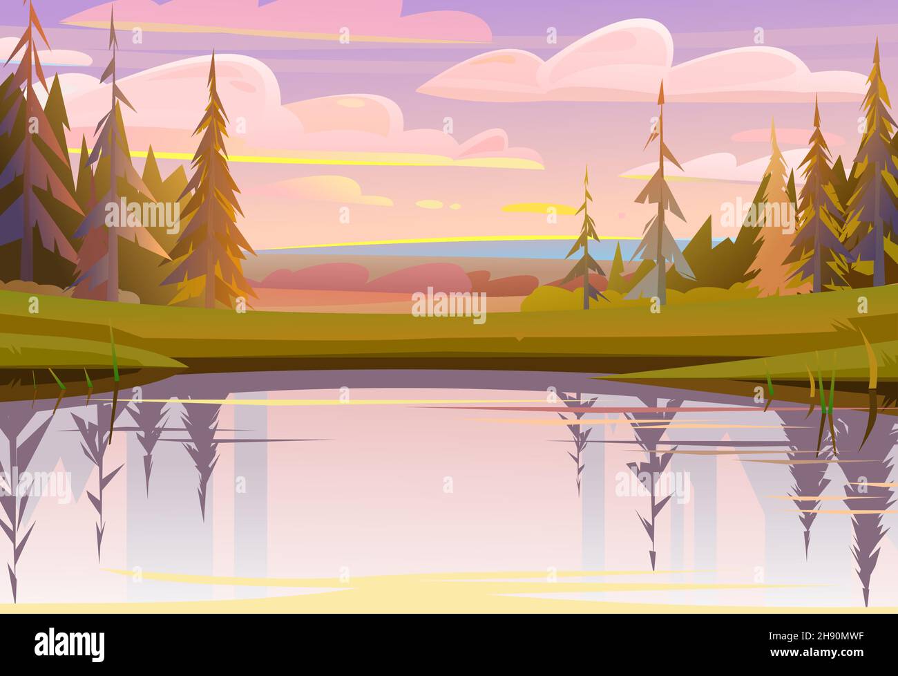 Rural landscape. Water pond or river bank with reflection of trees ...