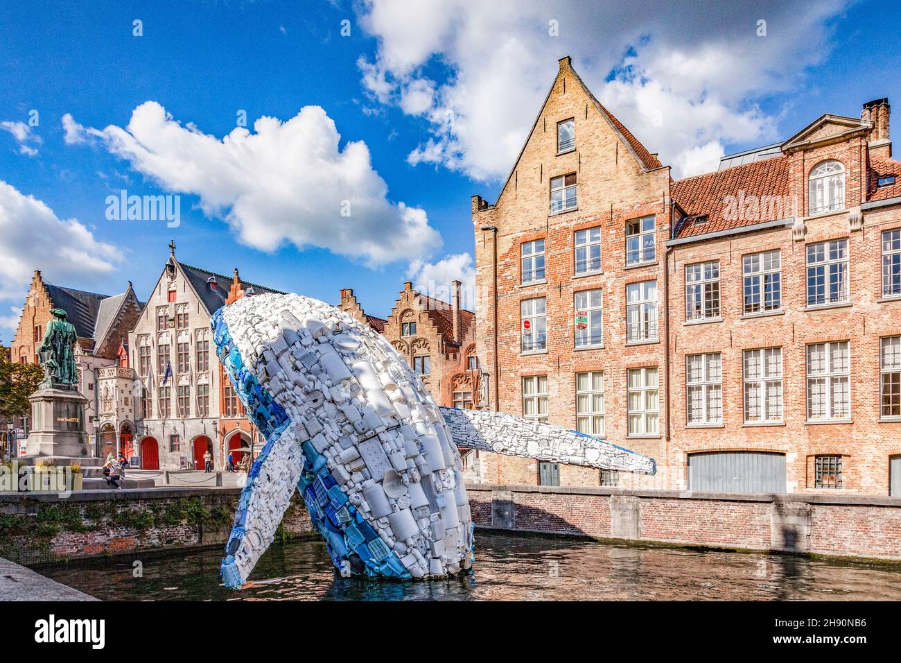 25 September 2018: Bruges, Belgium - The Bruges Whale, known as Skyscraper, made from  5 tons of plastic waste pulled out of the Pacific Ocean, for th Stock Photo