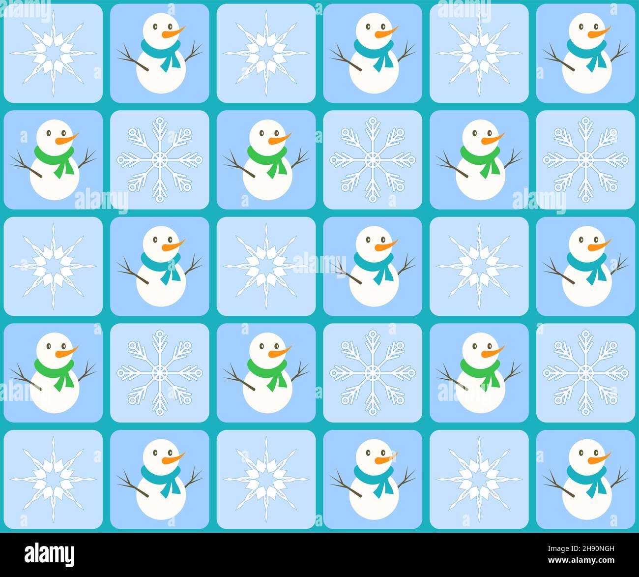 Winter seamless pattern on blue checkered background with snowman and snowflake Stock Vector