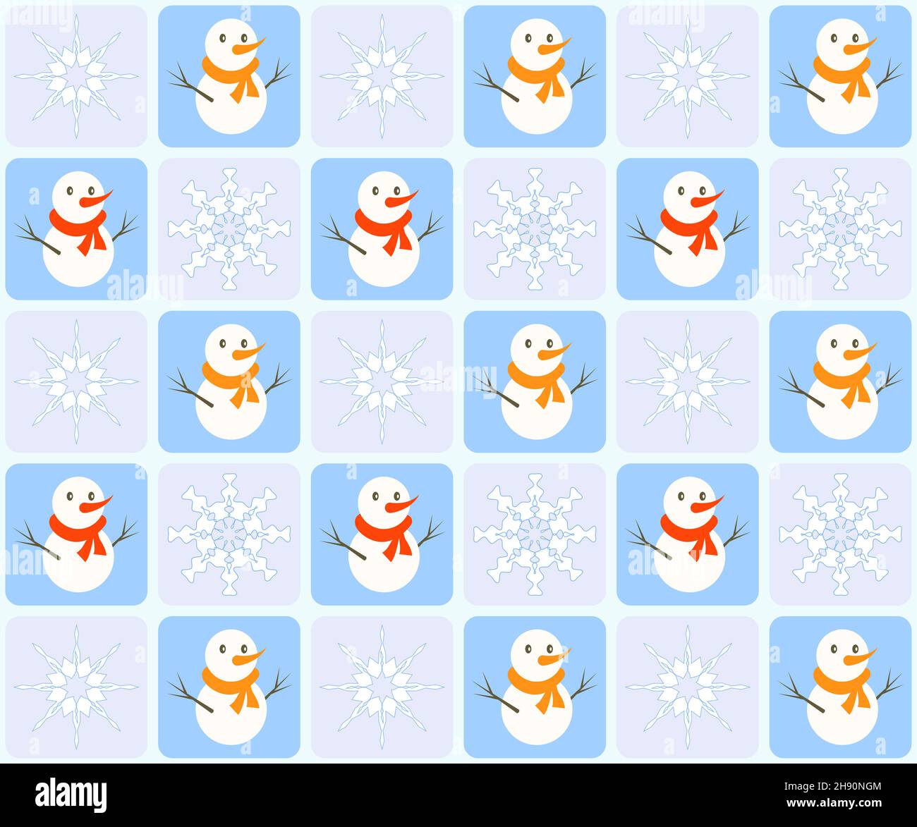 Winter seamless pattern on light checkered background with snowman and snowflake Stock Vector
