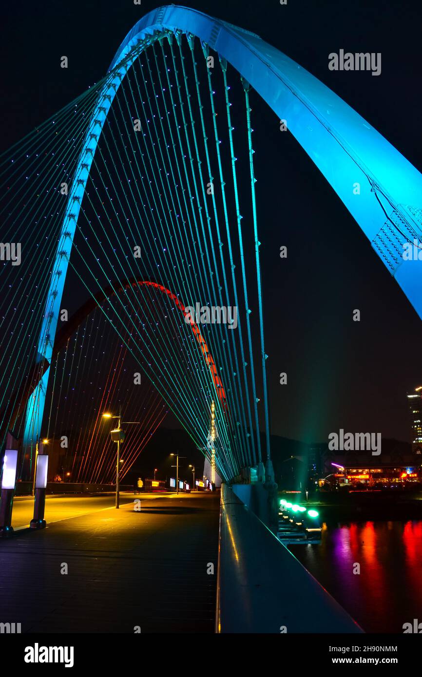Vertical shot of the blue arch of Expo Bridge, Daejeon, South Korea. Stock Photo