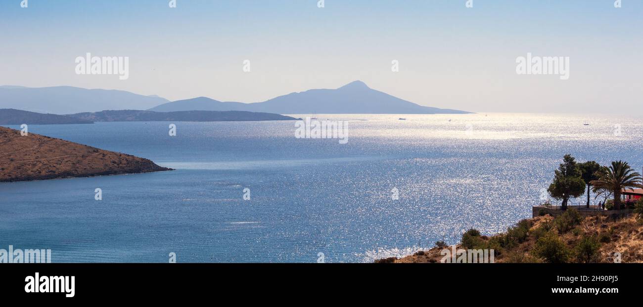 Looking East from Bagla across Aegean Sea towards Bodrum and Kara Ada, Turkey Stock Photo