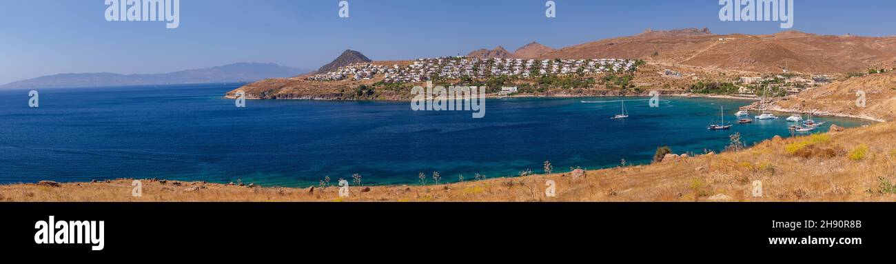 Coastal panorama of bay in blue Aegean sea, Turkey Stock Photo