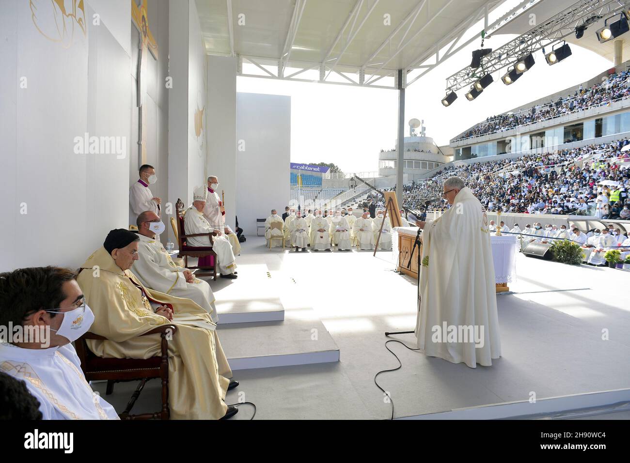 Strovolos, Greece. 03rd Dec, 2021. Greece, Strovolos, 21/12/03. Pope Francis celebrates a Mass during his journey to Cyprus and Greece, at GSP Stadium. Photo by VATICAN MEDIA /CATHOLICPRESSPHOTO RESTRICTED TO EDITORIAL USE - NO MARKETING -NO ADVERTISING CAMPAIGNS. Credit: Independent Photo Agency/Alamy Live News Stock Photo