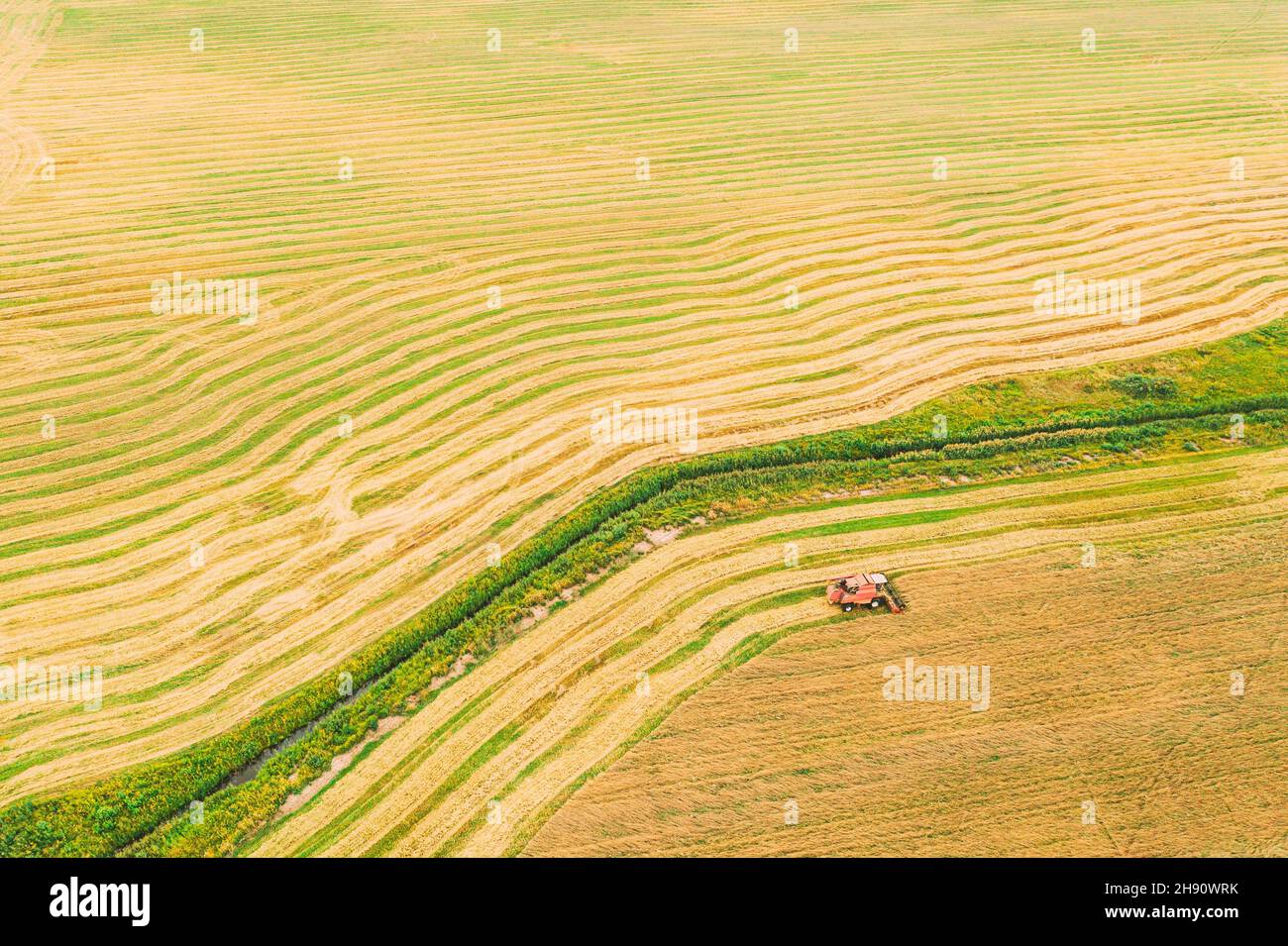 Aerial View Of Rural Landscape. Combine Harvester Working In Field ...