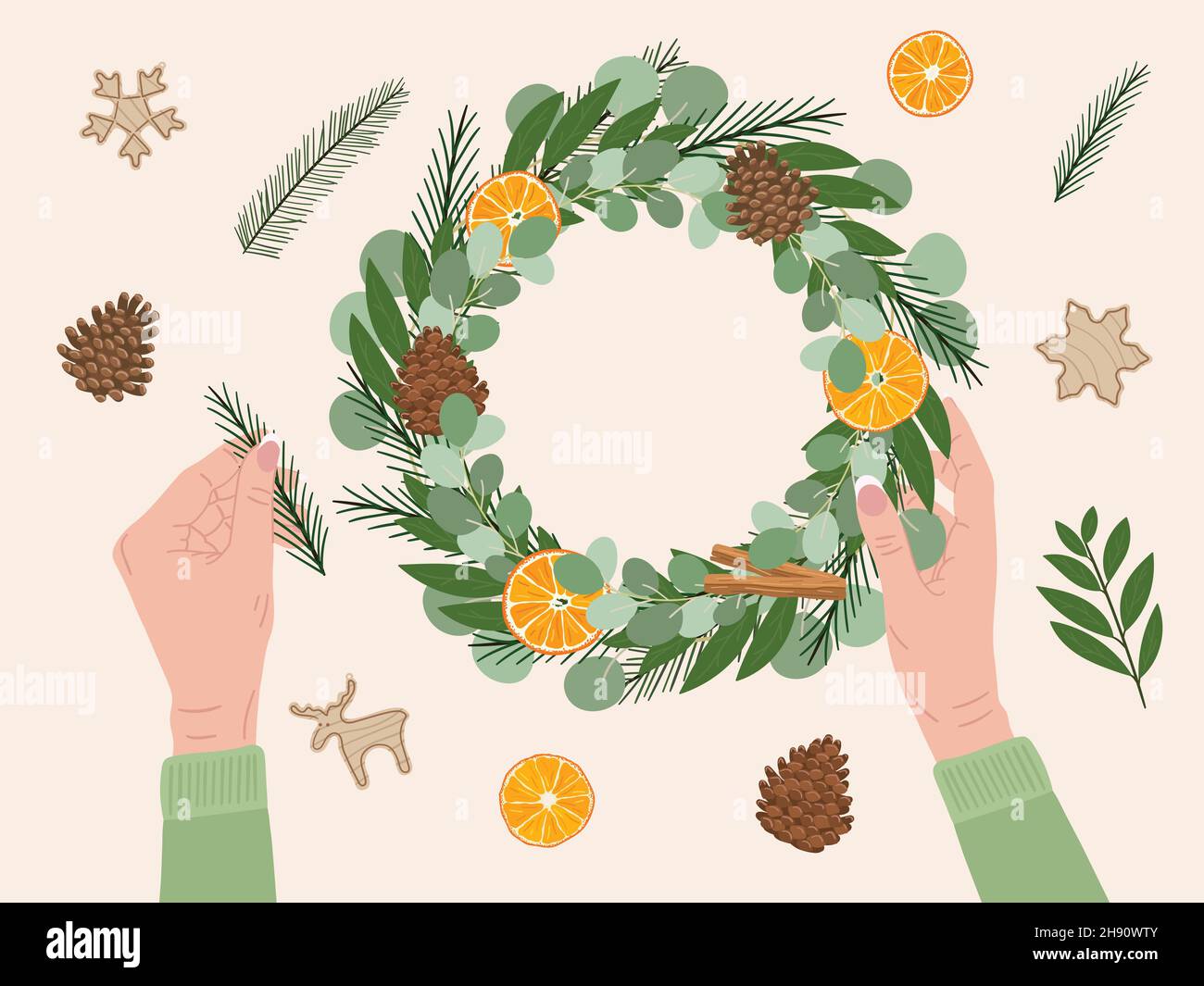 White female hands hold and make Christmas wreath with eco-friendly materials. Fir, pine cone, cinnamon, dry orange, bay, wood toys. Eco Christmas con Stock Vector