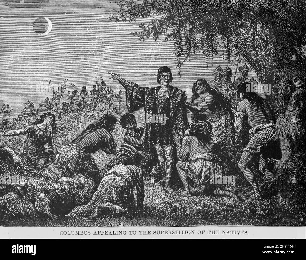 Engraving, Christopher Columbus appealing to the superstition of the Natives. Total eclipse of the Moon on the Antilles on February 29, 1504 CE. Stock Photo