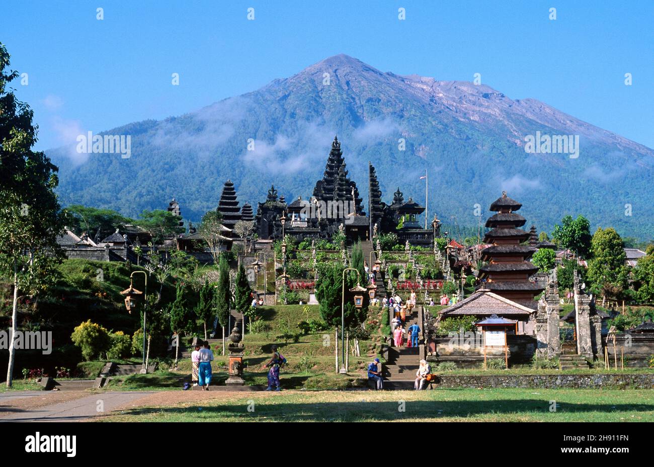 Besakih Temple and Mount Agung (volcano). Bali, Indonesia. Stock Photo