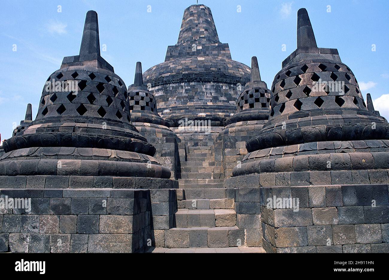 Borobudur or Barabudur is a Mahayana Buddhist temple from 7th century. Magelang, Java, Indonesia. Stock Photo