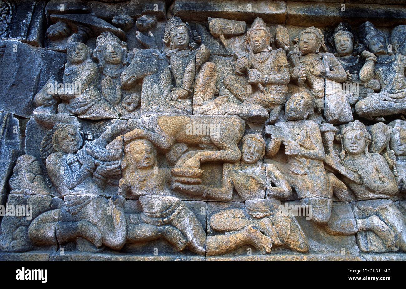 Borobudur or Barabudur is a Mahayana Buddhist temple from 7th century. Carved relief stone (Great departure from Lalitavistara). Magelang, Java, Stock Photo