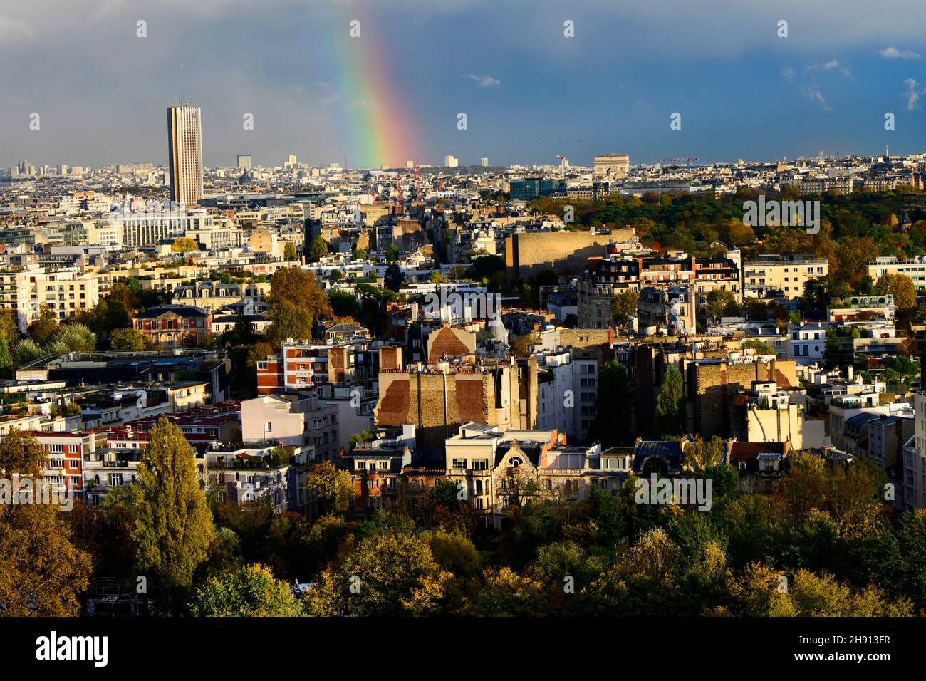 Aerial view of Paris and Neuilly sur Seine with rainbow, France. Stock Photo