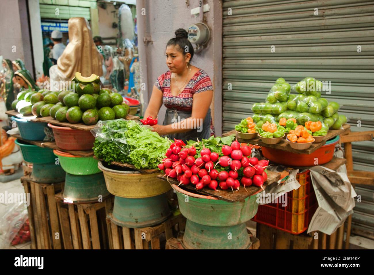 Vendor selling vegetables and fruits at San Benito market, Merida