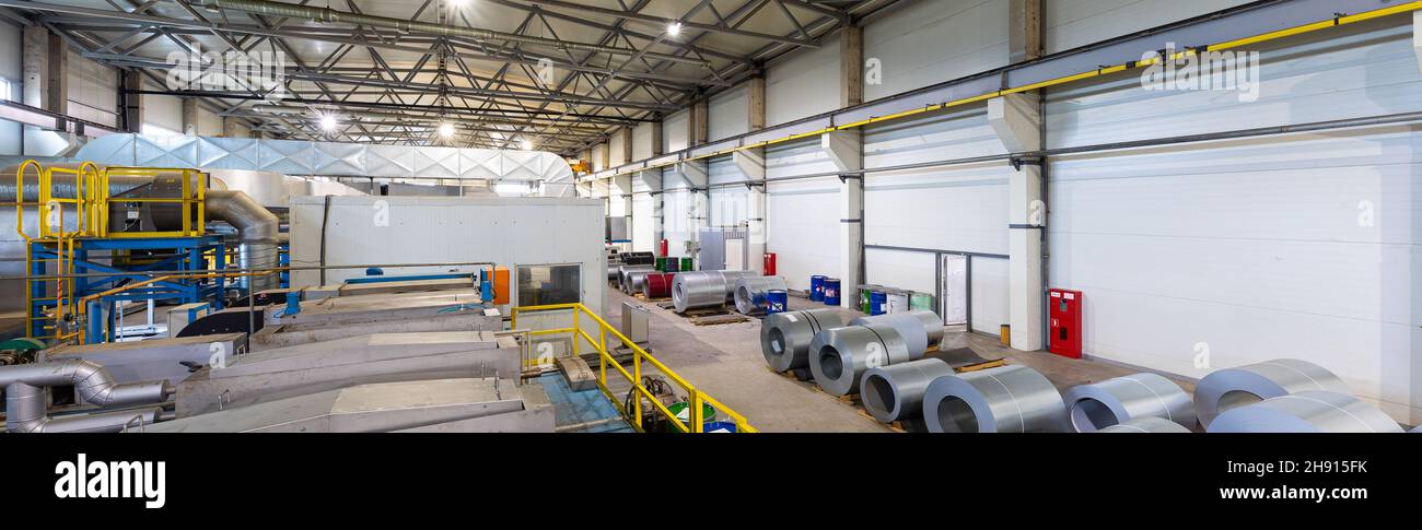 Production line of metal tile for roof. Steel forming machine in ...