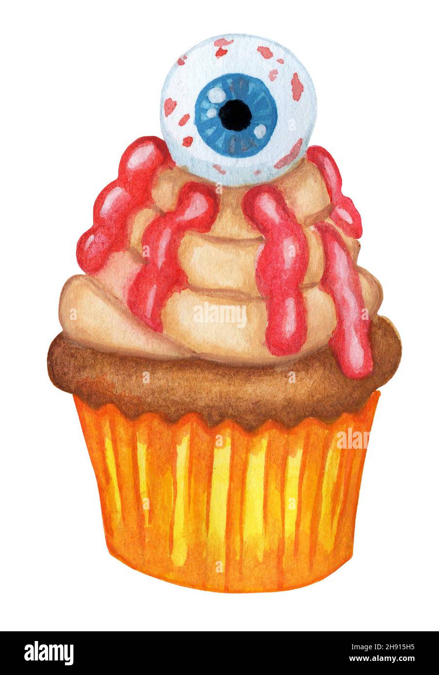 Festive halloween cupcake. Chocolate muffin in a yellow mold with beige cream and a big blue eye with blood. Watercolor illustration isolated on white Stock Photo