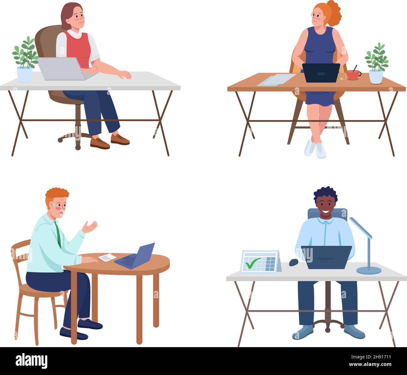 Employee at desk semi flat color vector character set Stock Vector